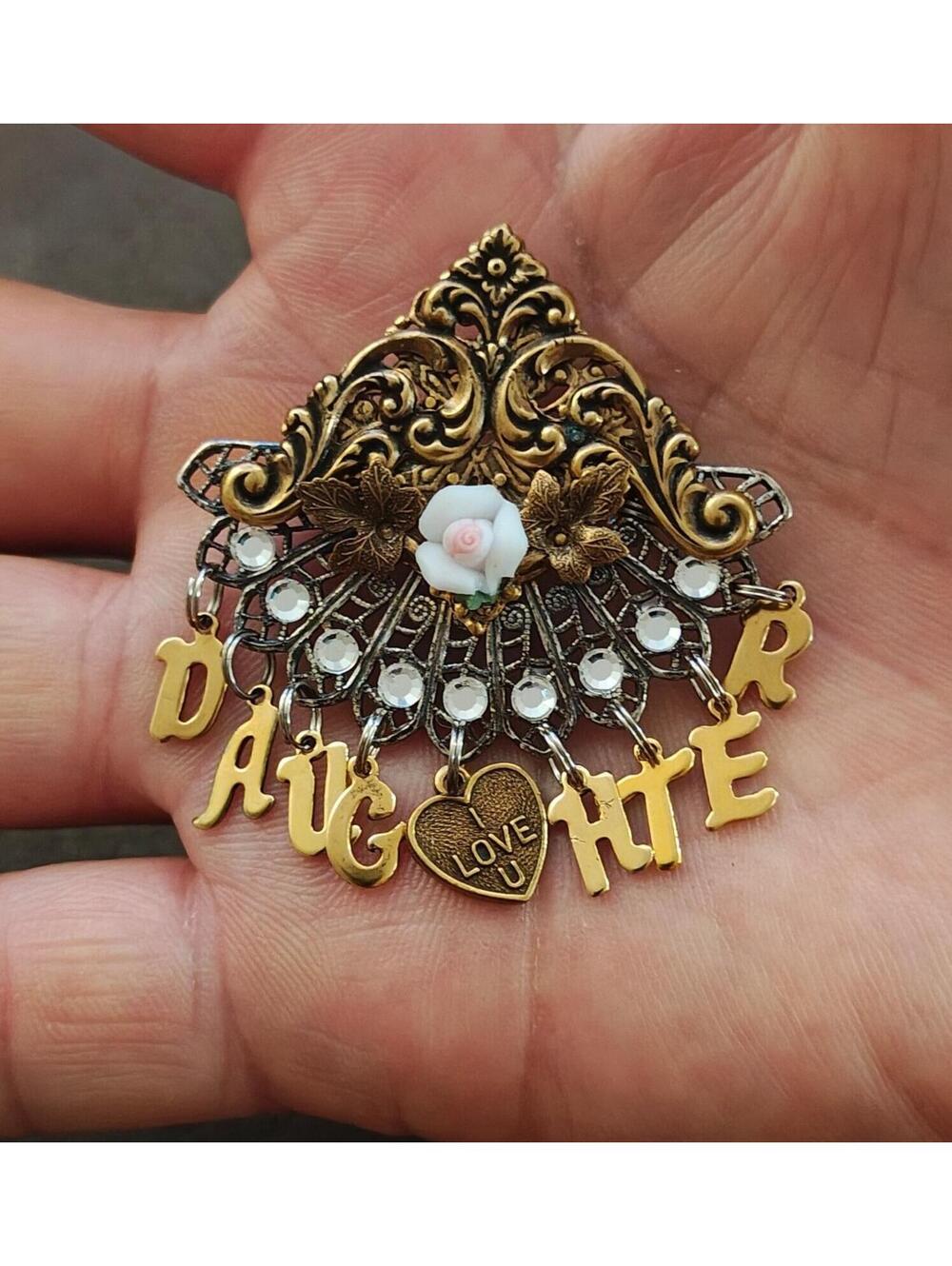 1980s Handcrafted "Daughter" Family Sentiment Gold Tone Dangle Brooch.